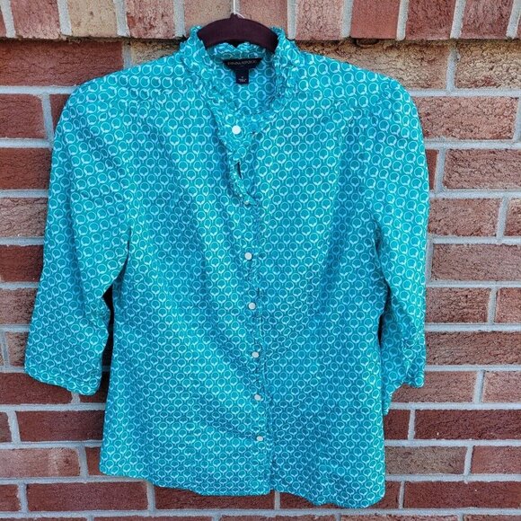 Banana Republic Ruffle Edge Button Up Shirt Women's Size Medium Overall Print - Picture 1 of 7